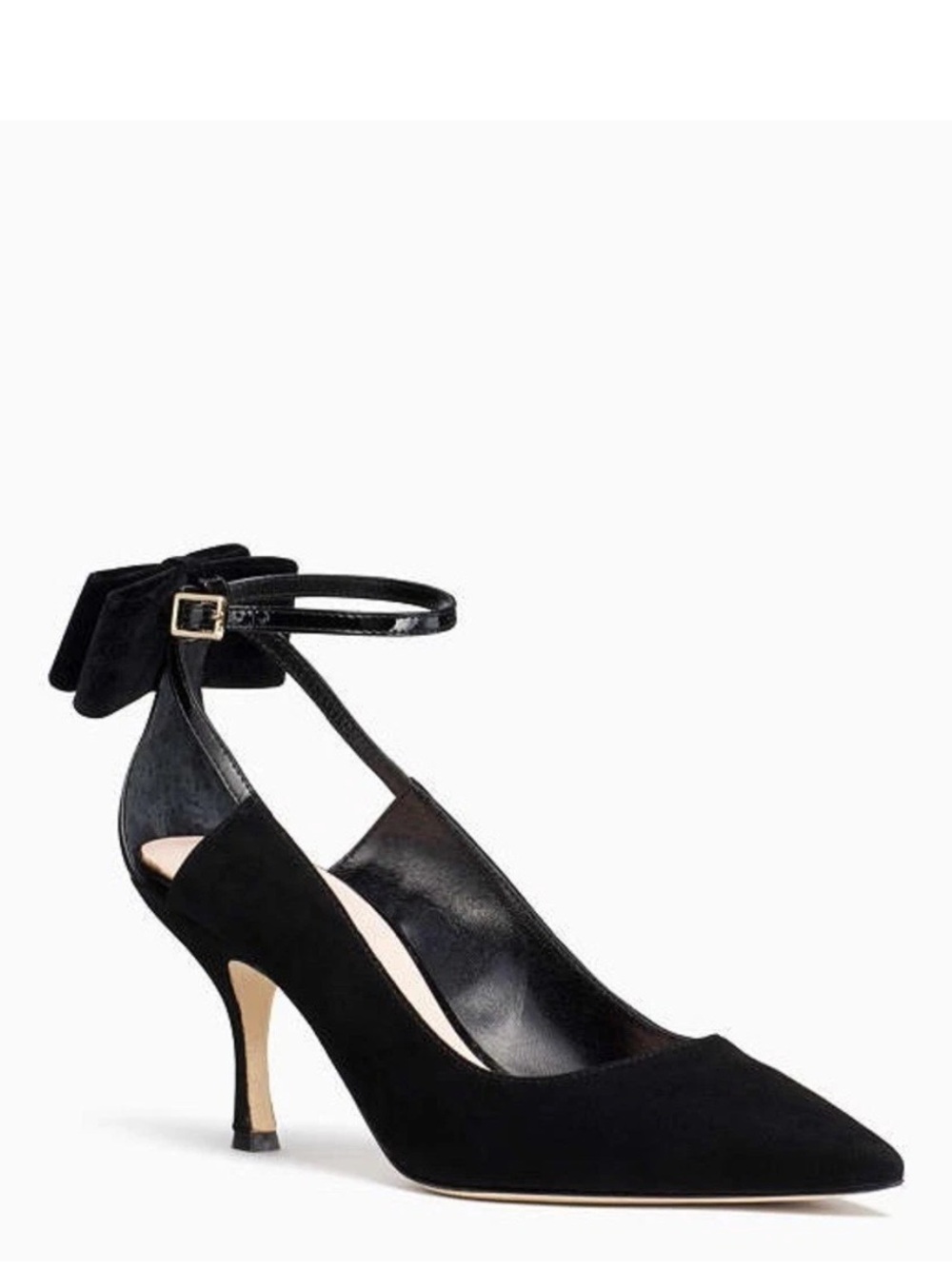 Kate Spade New York Sheena Black Suede Pointed Toe Bow Ankle Strap Heels Pumps